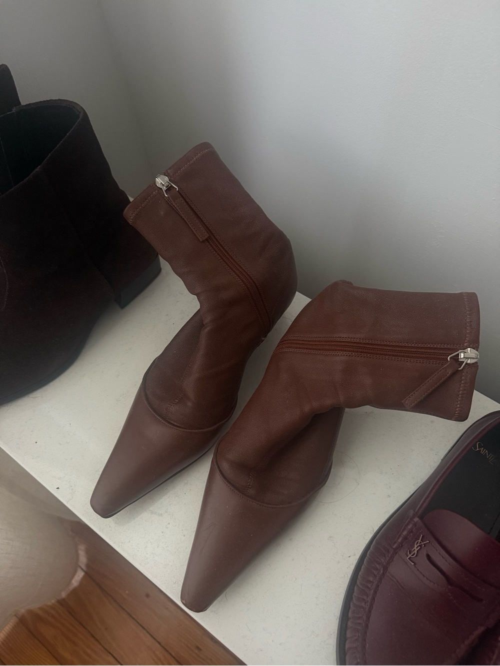 Acne Dark Brown Pointed Leather Ankle Boots with Side Zipper